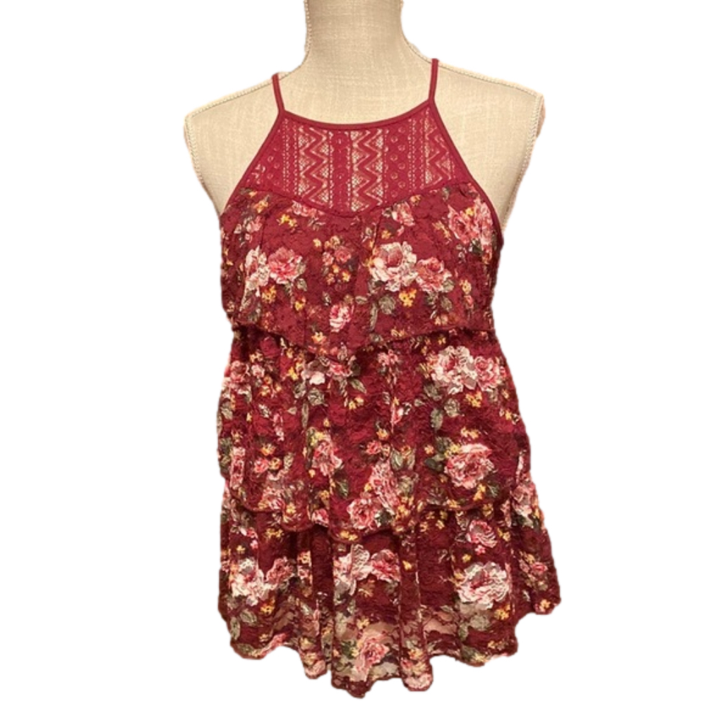Almost Famous Floral Burgundy Layered Lace Blouse